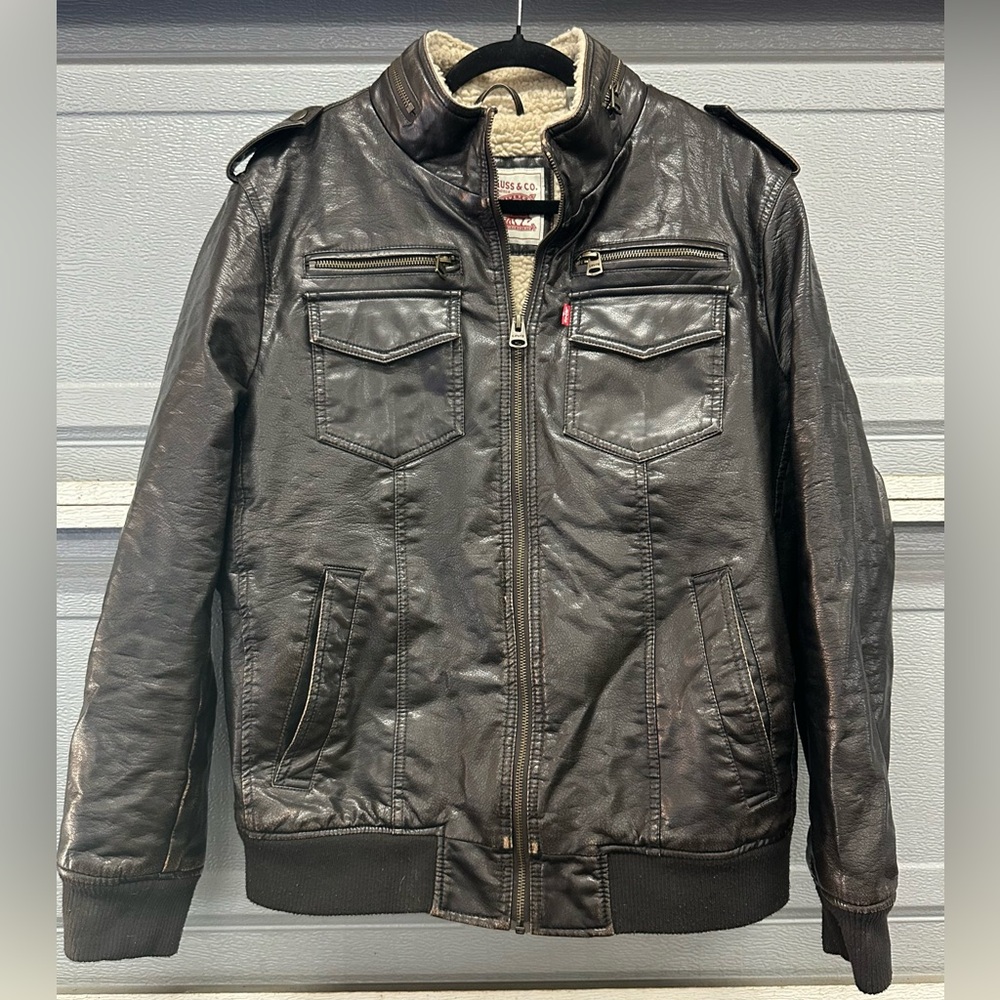 Levi's Men's Sherpa Lined Faux Leather Aviator Bomber Stand collar Dark Brown M